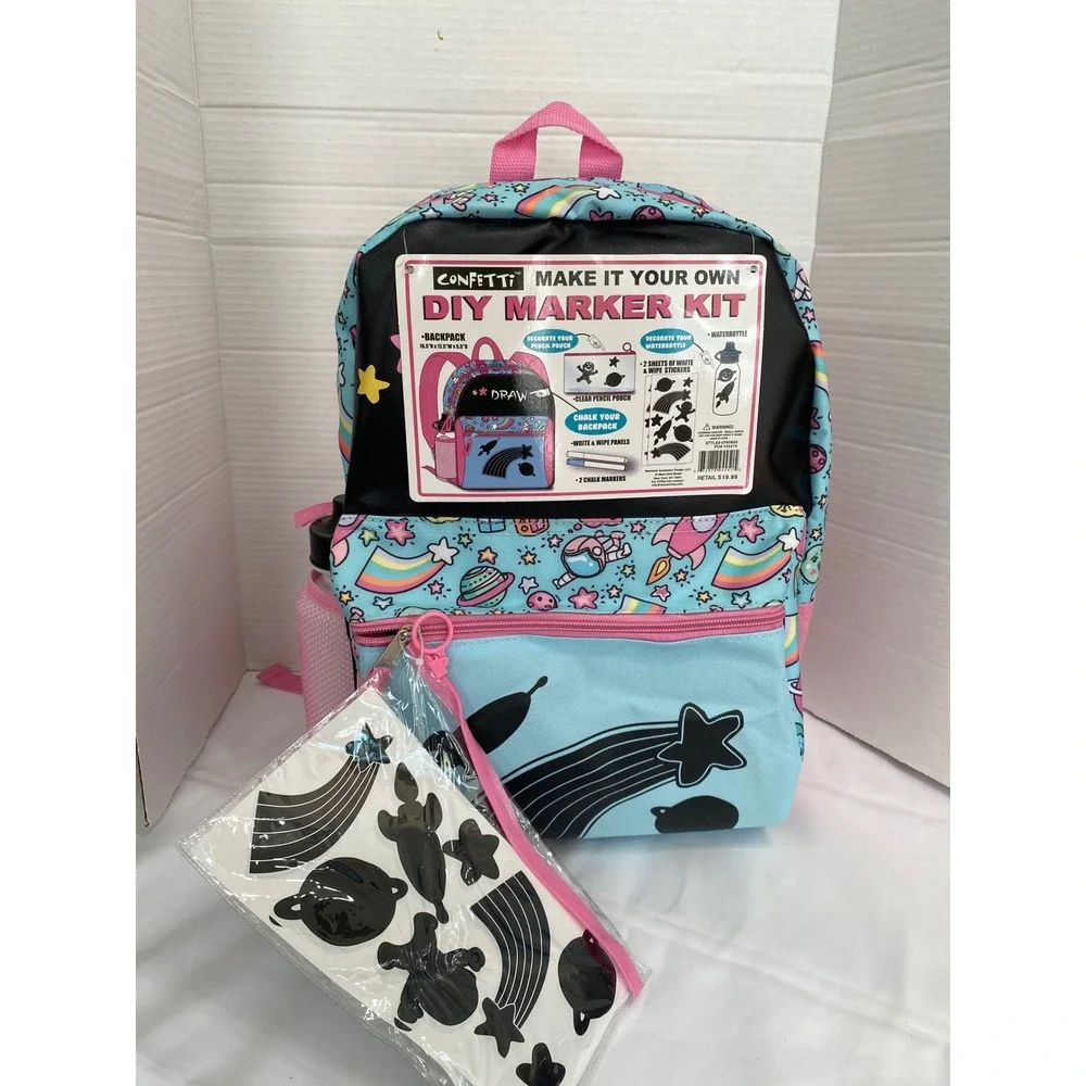 Confetti DIY Marker Kit Backpack Kids Blue Pink Space Theme New Water Bottle